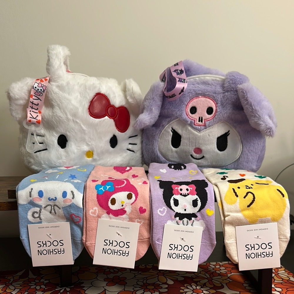 Hello Kitty and Kuromi Plush Bags with Strap and Socks Bundle